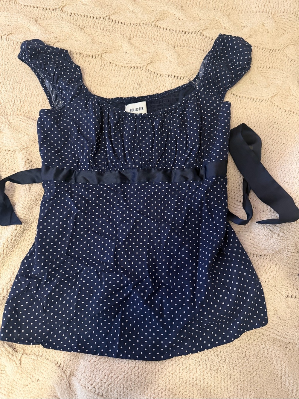 Hollister Navy Blue Polka Dot Tie-Waist Peplum Top